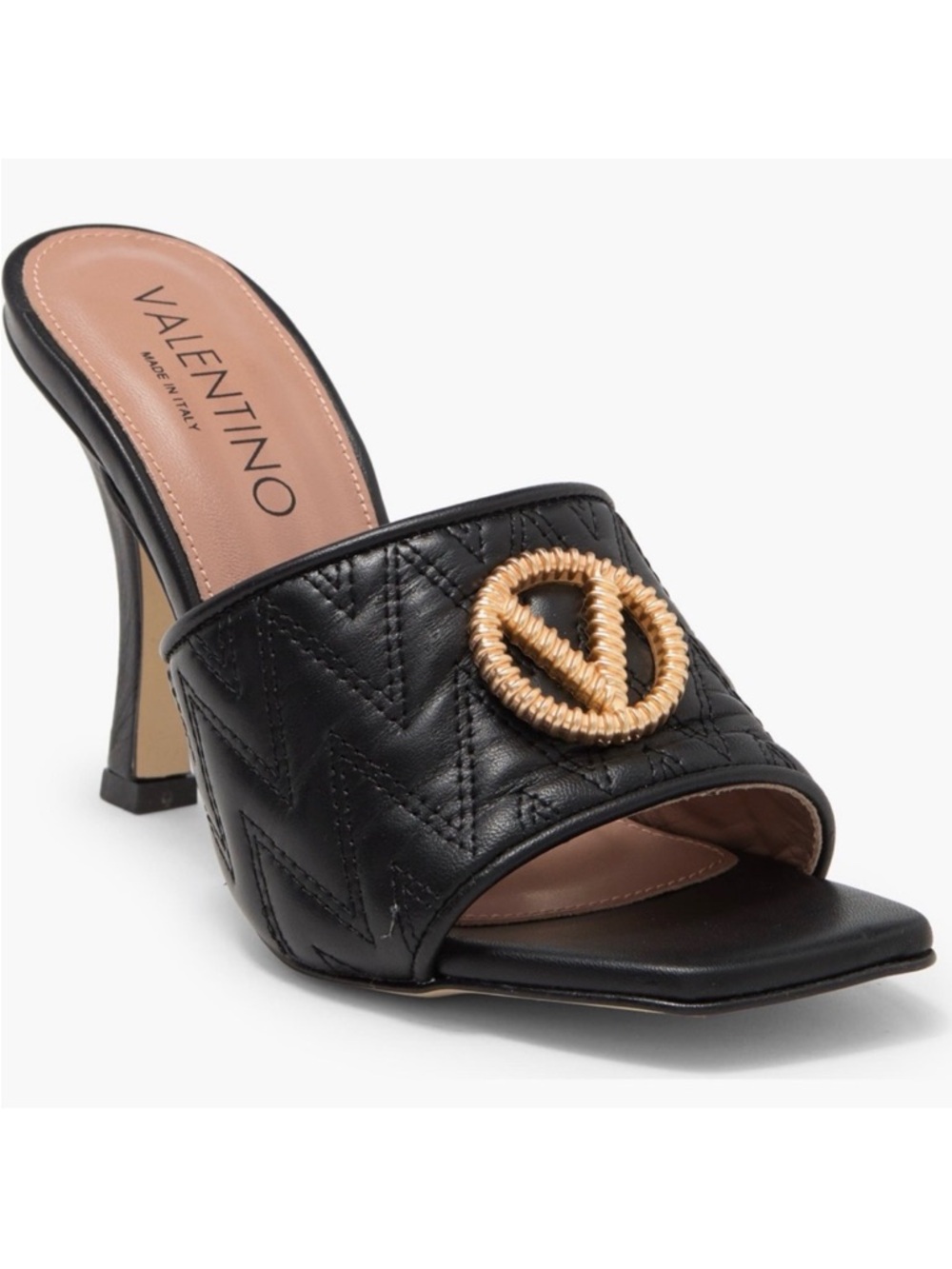 Valentino Black Quilted Leather Slide with Gold Rope V Medallion